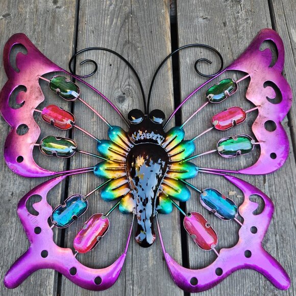 15" L Iridescent Metal Butterfly With Glass Embellishments Wall/Fence Decor - Picture 3 of 3